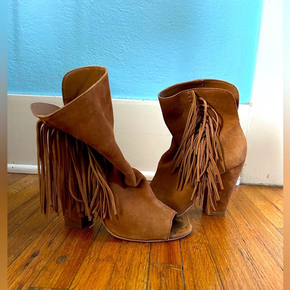Slouchy tan suede Dolce Vita open toe booties